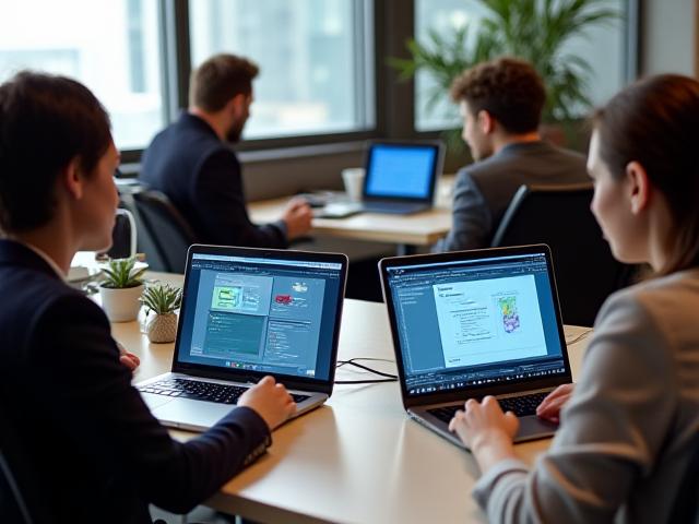 रीयल-टाइम सहयोग उपकरणों को दर्शाती हुई छवि: कई लोग अलग-अलग उपकरणों (लैपटॉप, टैबलेट) पर एक ही दस्तावेज़ या ग्राफिक्स पर काम कर रहे हैं, जो सहज सहयोग को दर्शाता है।